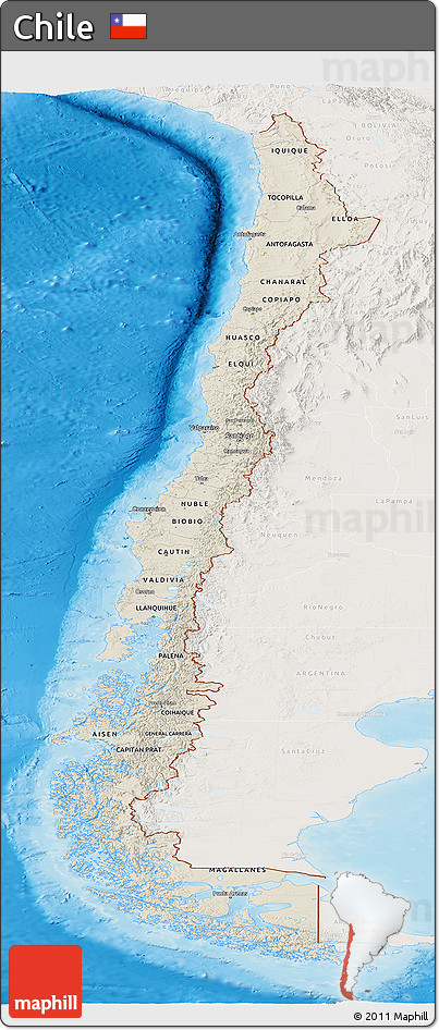 Shaded Relief Panoramic Map of Chile, lighten, land only