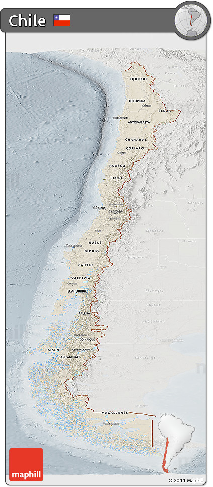 Shaded Relief Panoramic Map of Chile, lighten, semi-desaturated