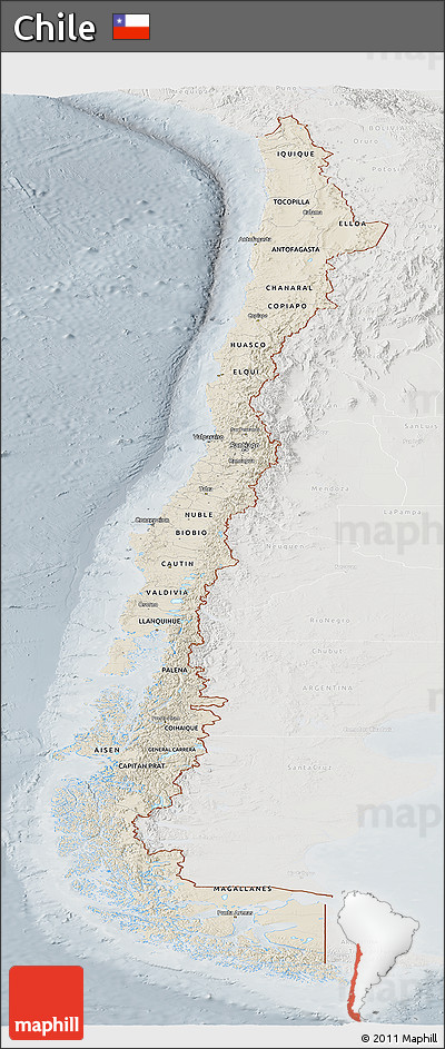 Shaded Relief Panoramic Map of Chile, lighten, semi-desaturated