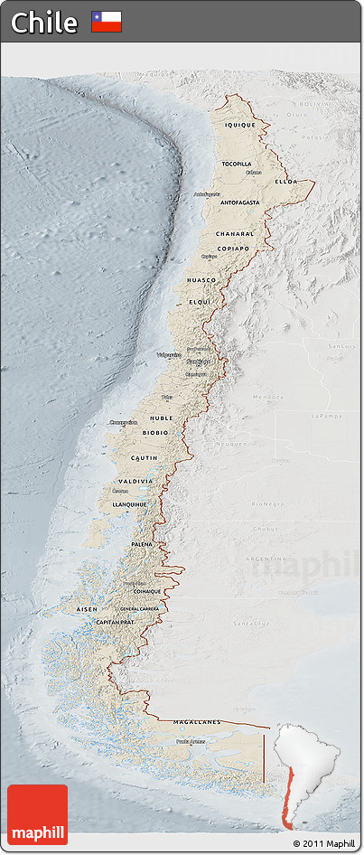 Shaded Relief Panoramic Map of Chile, lighten, semi-desaturated
