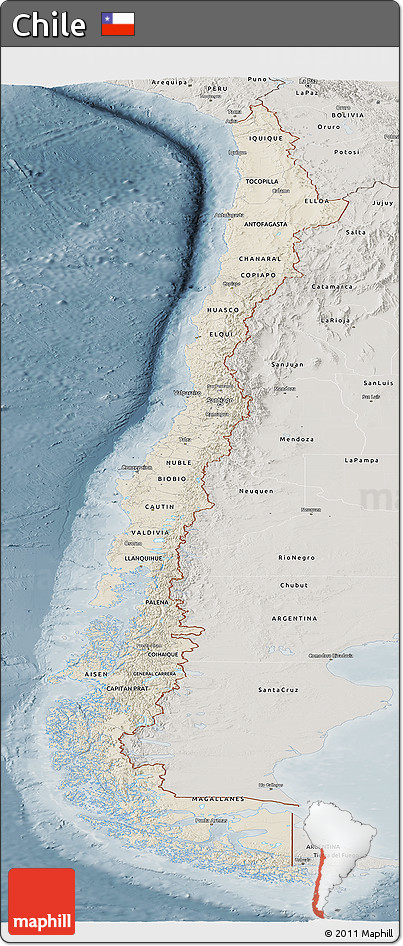 Shaded Relief Panoramic Map of Chile, semi-desaturated