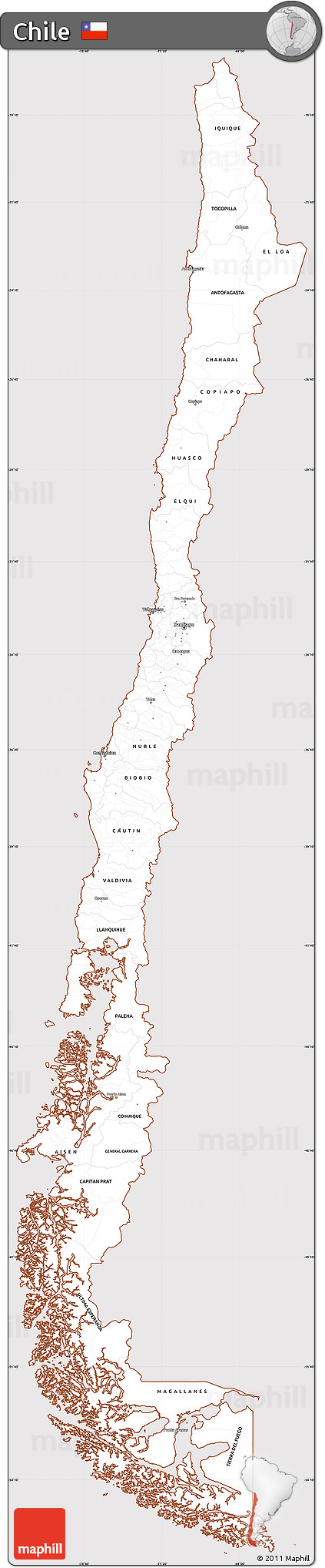 Classic Style Simple Map of Chile, cropped outside