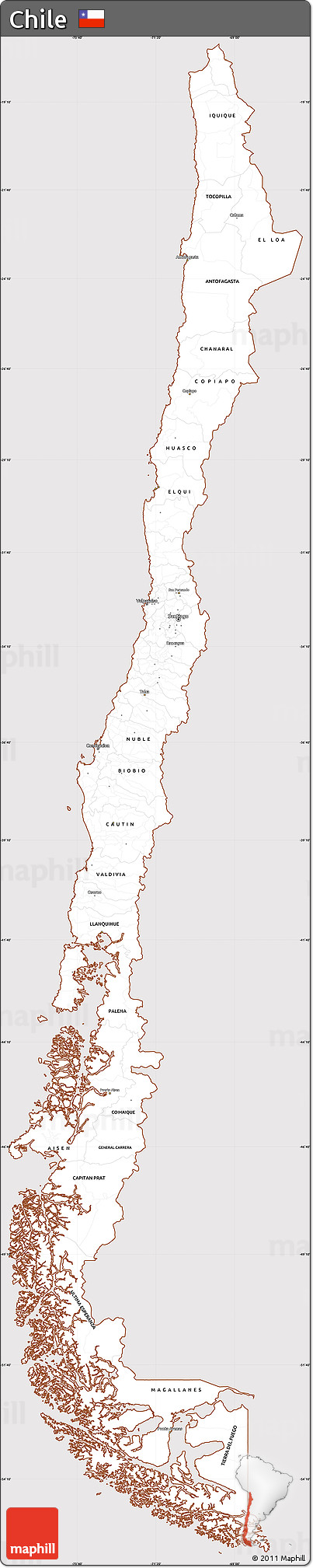 Classic Style Simple Map of Chile, cropped outside
