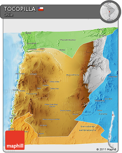 Physical 3D Map of TOCOPILLA, political shades outside