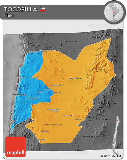 Political 3D Map of TOCOPILLA, darken, desaturated