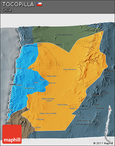 Political 3D Map of TOCOPILLA, darken, semi-desaturated