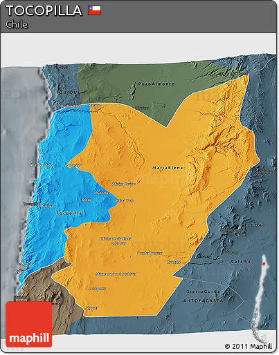 Political 3D Map of TOCOPILLA, darken, semi-desaturated