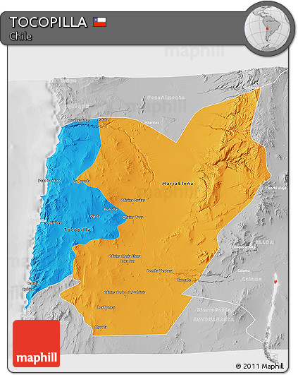 Political 3D Map of TOCOPILLA, lighten, desaturated