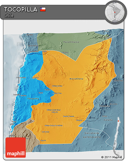 Political 3D Map of TOCOPILLA, semi-desaturated