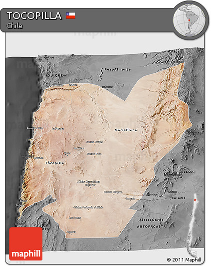 Satellite 3D Map of TOCOPILLA, darken, desaturated