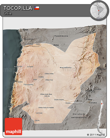 Satellite 3D Map of TOCOPILLA, darken, semi-desaturated
