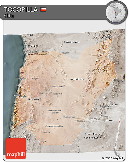Satellite 3D Map of TOCOPILLA, semi-desaturated