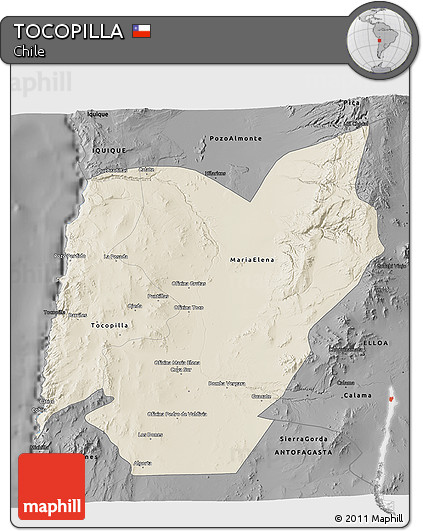 Shaded Relief 3D Map of TOCOPILLA, darken, desaturated