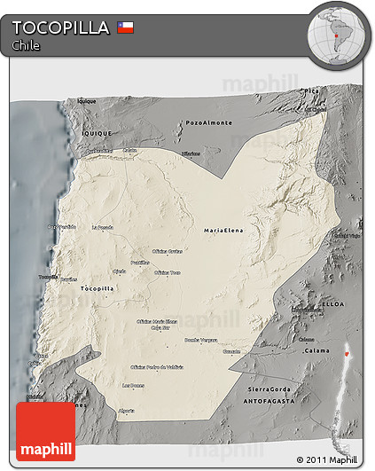 Shaded Relief 3D Map of TOCOPILLA, darken, semi-desaturated