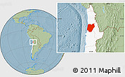 Savanna Style Location Map of TOCOPILLA, highlighted country, hill shading