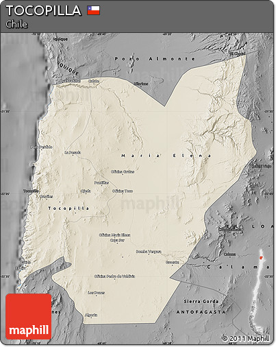 Shaded Relief Map of TOCOPILLA, darken, desaturated