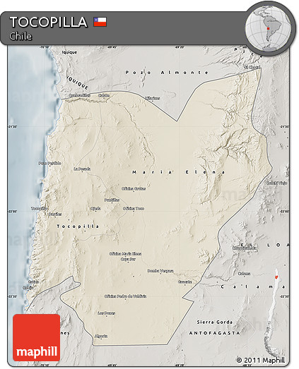 Shaded Relief Map of TOCOPILLA, semi-desaturated