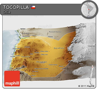 Physical Panoramic Map of TOCOPILLA, semi-desaturated