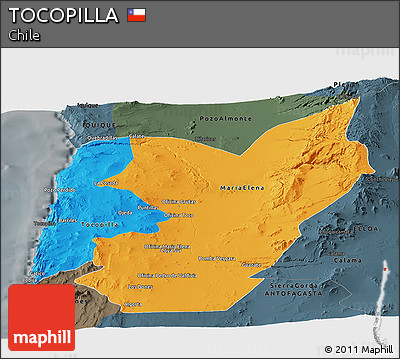 Political Panoramic Map of TOCOPILLA, darken, semi-desaturated