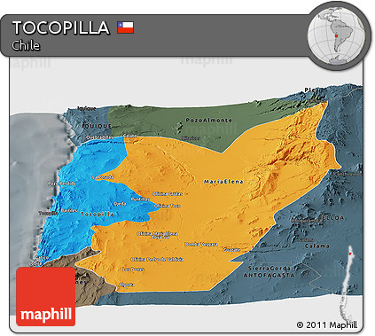 Political Panoramic Map of TOCOPILLA, darken, semi-desaturated