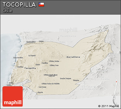 Shaded Relief Panoramic Map of TOCOPILLA, lighten, semi-desaturated