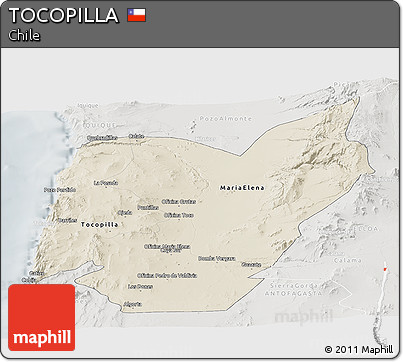 Shaded Relief Panoramic Map of TOCOPILLA, lighten, semi-desaturated