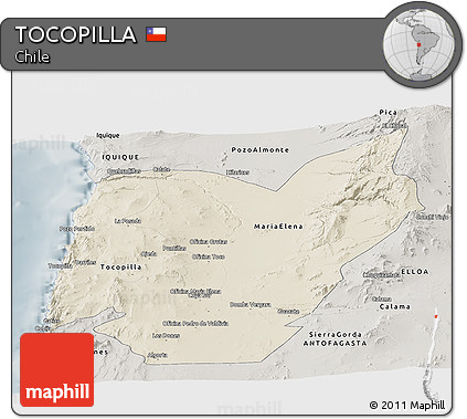 Shaded Relief Panoramic Map of TOCOPILLA, semi-desaturated