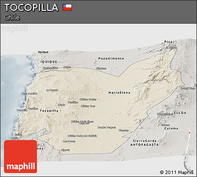 Shaded Relief Panoramic Map of TOCOPILLA, semi-desaturated