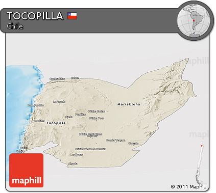 Shaded Relief Panoramic Map of TOCOPILLA, single color outside