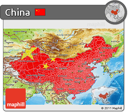 Flag 3D Map of China, physical outside, bathymetry sea, flag centered