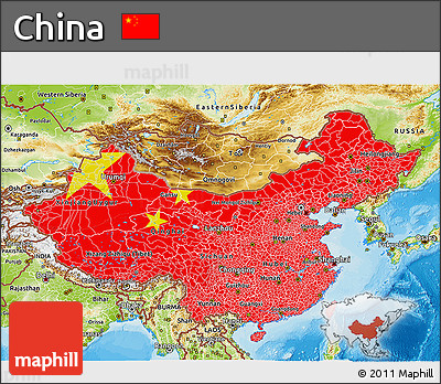 Flag 3D Map of China, physical outside, bathymetry sea, flag centered