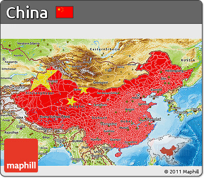 Flag 3D Map of China, physical outside, bathymetry sea, flag centered