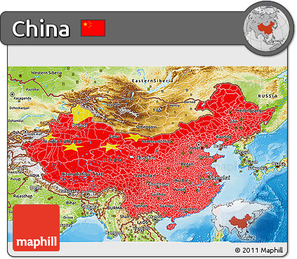 Flag 3D Map of China, physical outside, bathymetry sea, flag rotated