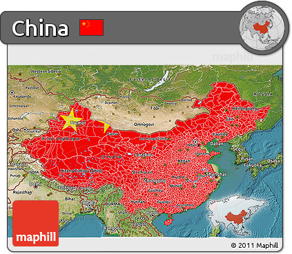 Flag 3D Map of China, satellite outside, flag aligned to the middle
