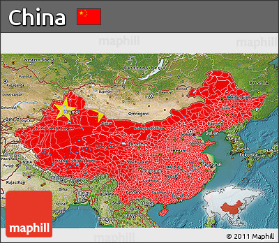 Flag 3D Map of China, satellite outside, flag aligned to the middle