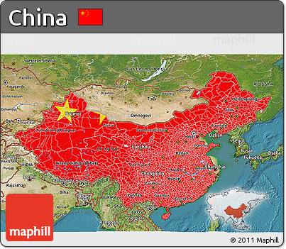 Flag 3D Map of China, satellite outside, flag aligned to the middle
