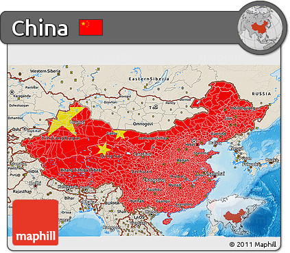 Flag 3D Map of China, shaded relief outside, bathymetry sea, flag centered