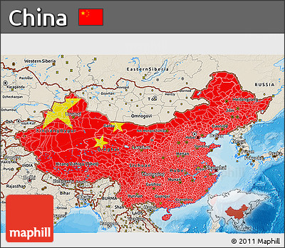 Flag 3D Map of China, shaded relief outside, bathymetry sea, flag centered