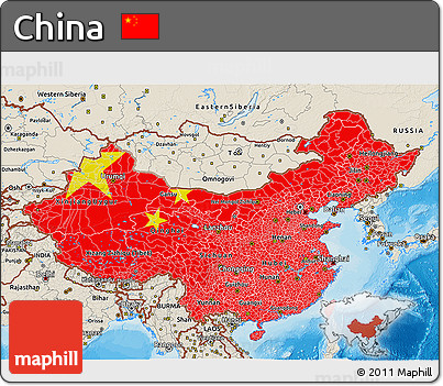 Flag 3D Map of China, shaded relief outside, bathymetry sea, flag centered