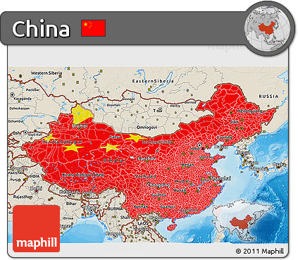 Flag 3D Map of China, shaded relief outside, bathymetry sea, flag rotated