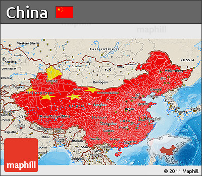 Flag 3D Map of China, shaded relief outside, bathymetry sea, flag rotated