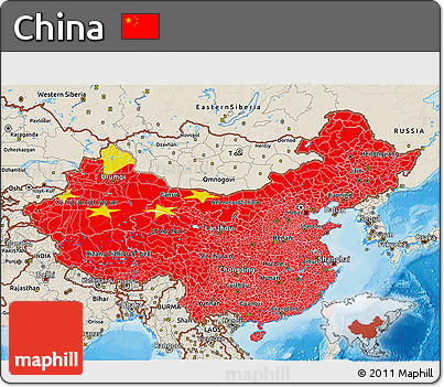 Flag 3D Map of China, shaded relief outside, bathymetry sea, flag rotated