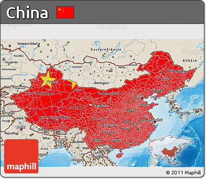 Flag 3D Map of China, shaded relief outside, flag aligned to the middle