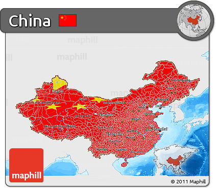 Flag 3D Map of China, single color outside, bathymetry sea, flag rotated