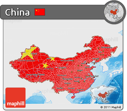 Flag 3D Map of China, single color outside, bathymetry sea, shaded relief sea, flag centered