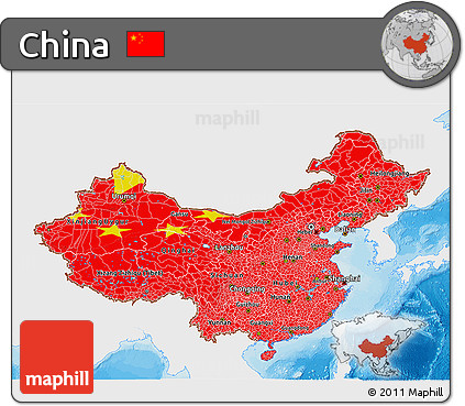Flag 3D Map of China, single color outside, bathymetry sea, shaded relief sea, flag rotated