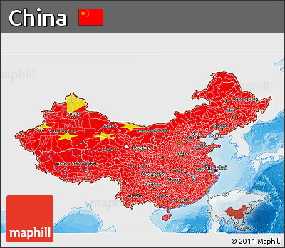 Flag 3D Map of China, single color outside, bathymetry sea, shaded relief sea, flag rotated