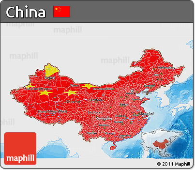 Flag 3D Map of China, single color outside, bathymetry sea, shaded relief sea, flag rotated