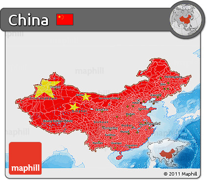 Flag 3D Map of China, single color outside, bathymetry sea, shaded relief sea