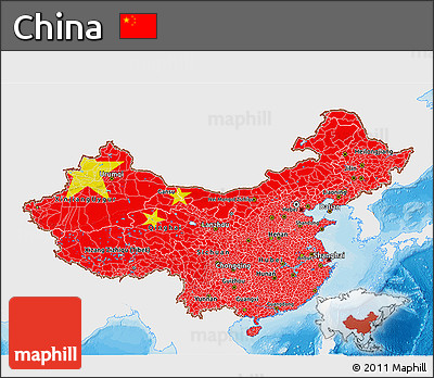 Flag 3D Map of China, single color outside, bathymetry sea, shaded relief sea
